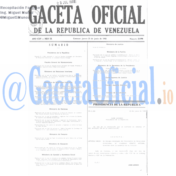 Gaceta Oficial 33994 del 23 Junio 1988
