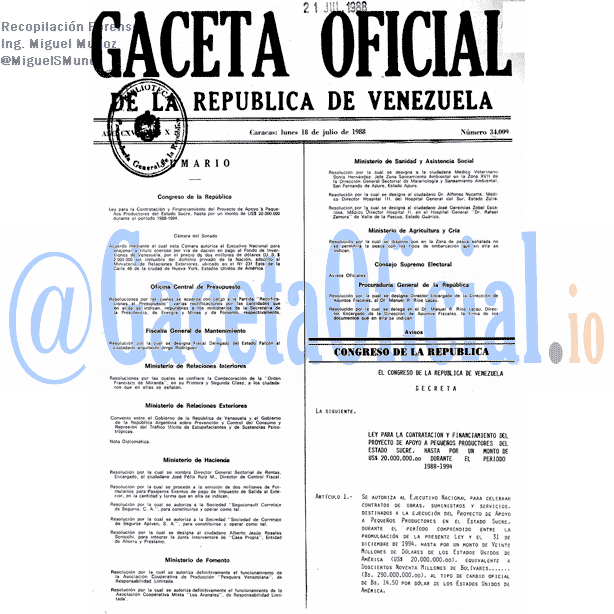 Gaceta Oficial 34009 del 18 Julio 1988