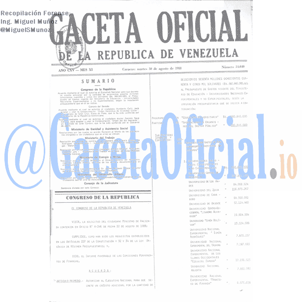 Gaceta Oficial 34040 del 30 Agosto 1988