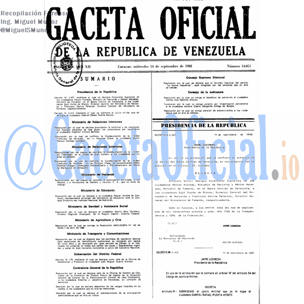 Gaceta Oficial 34051 del 14 Septiembre 1988