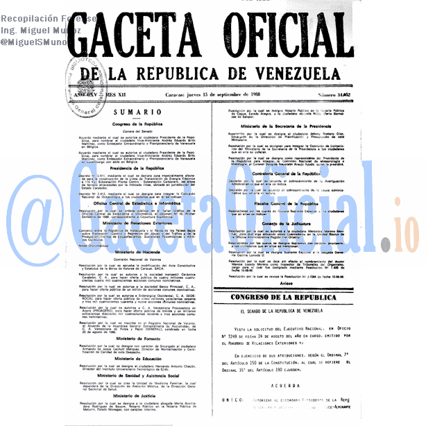 Gaceta Oficial 34052 del 15 Septiembre 1988