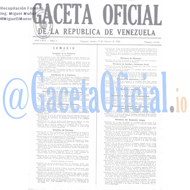 Gaceta Oficial 34158 del 14 Febrero 1989