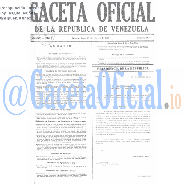 Gaceta Oficial 34167 del 27 Febrero 1989