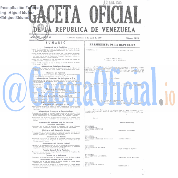 Gaceta Oficial 34192 del 5 Abril 1989