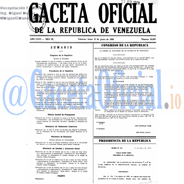 Gaceta Oficial 34239 del 12 Junio 1989