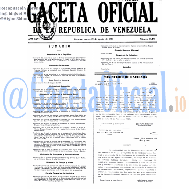Gaceta Oficial 34293 del 29 Agosto 1989