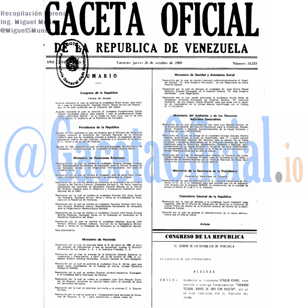 Gaceta Oficial 34333 del 26 Octubre 1989