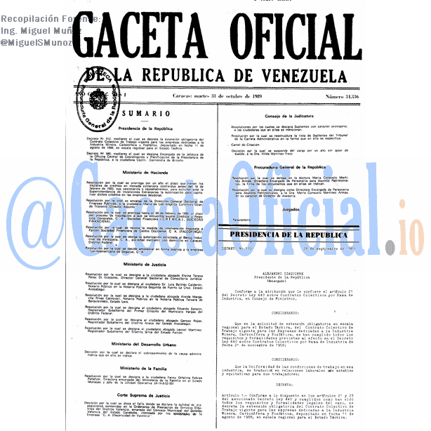 Gaceta Oficial 34336 del 31 Octubre 1989