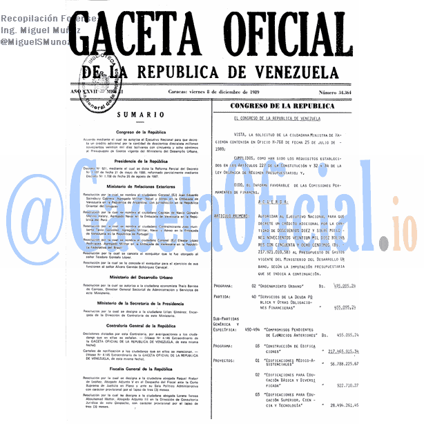 Gaceta Oficial 34364 del 8 Diciembre 1989