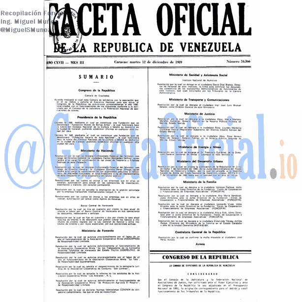 Gaceta Oficial 34366 del 12 Diciembre 1989