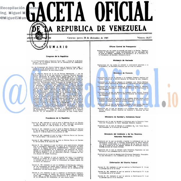Gaceta Oficial 34377 del 28 Diciembre 1989