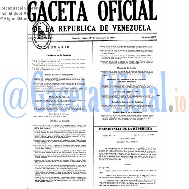 Gaceta Oficial 34378 del 29 Diciembre 1989