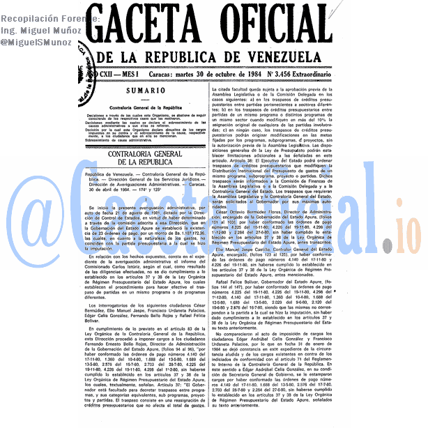 Gaceta Oficial 3456 del 30 Octubre 1984
