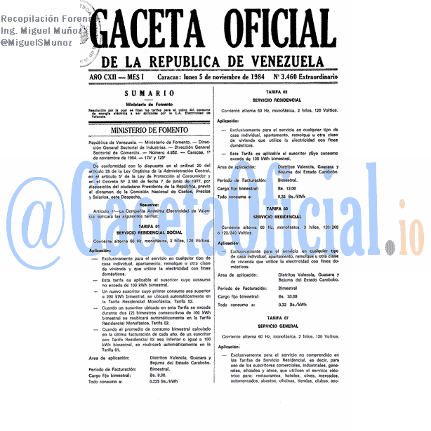Gaceta Oficial 3460 del 5 Noviembre 1984
