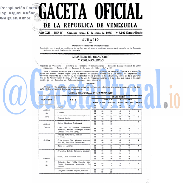 Gaceta Oficial 3503 del 17 Enero 1985