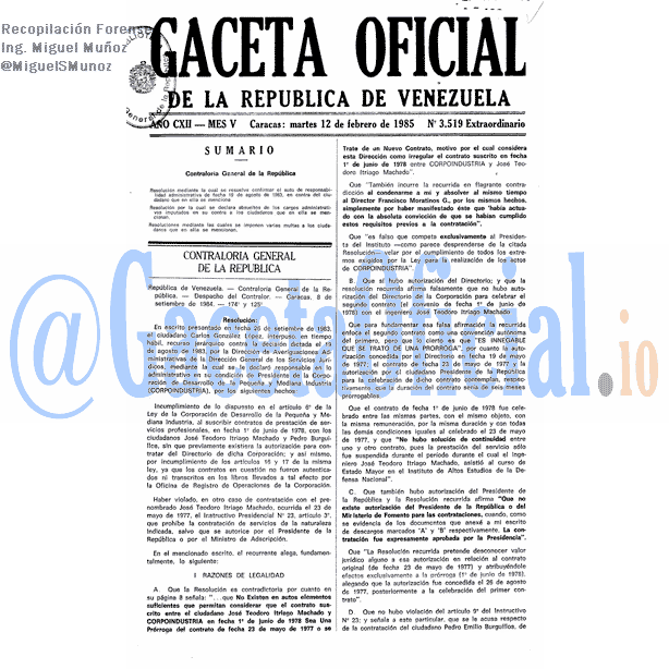 Gaceta Oficial 3519 del 12 Febrero 1985