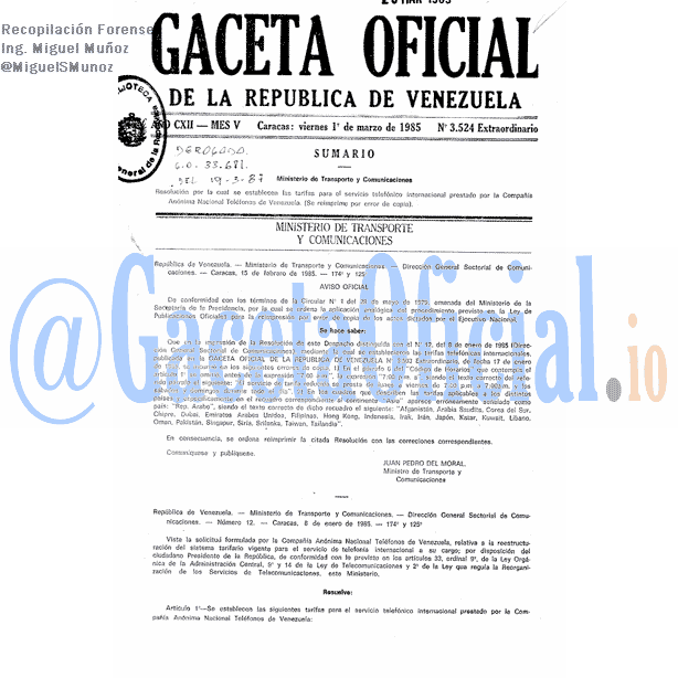 Gaceta Oficial 3524 del 1 Marzo 1985