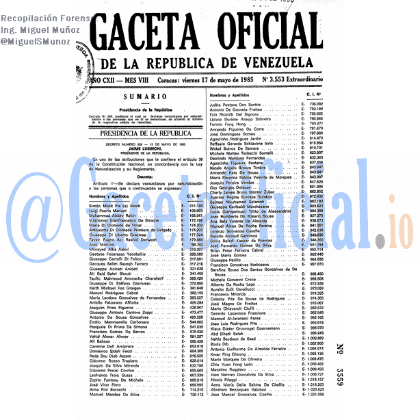 Gaceta Oficial 3553 del 17 Mayo 1985