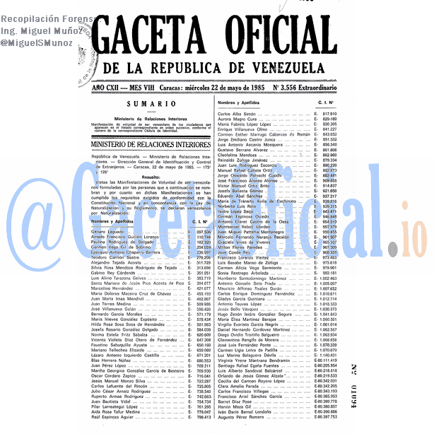 Gaceta Oficial 3556 del 22 Mayo 1985