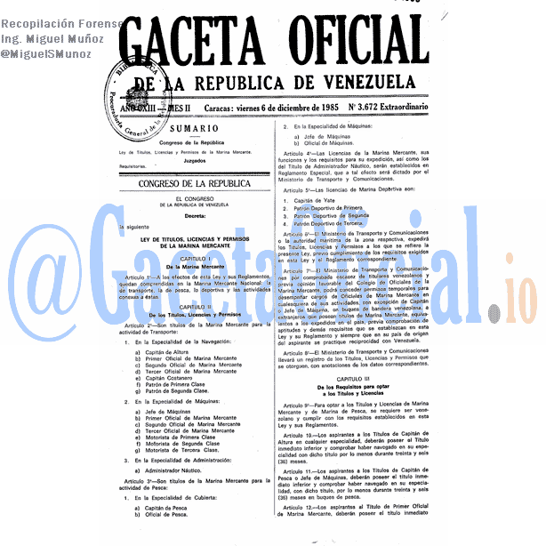 Gaceta Oficial 3672 del 6 Diciembre 1985