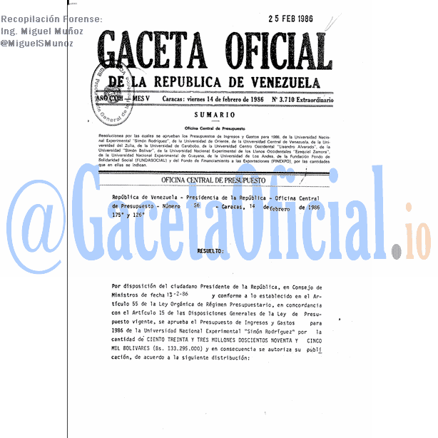 Gaceta Oficial 3710 del 14 Febrero 1986