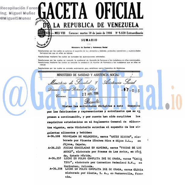 Gaceta Oficial 3820 del 10 Junio 1986