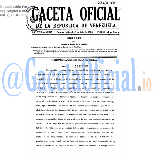 Gaceta Oficial 3840 del 9 Julio 1986