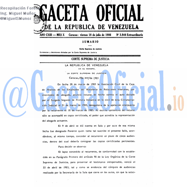 Gaceta Oficial 3846 del 18 Julio 1986