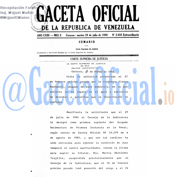 Gaceta Oficial 3856 del 29 Julio 1986