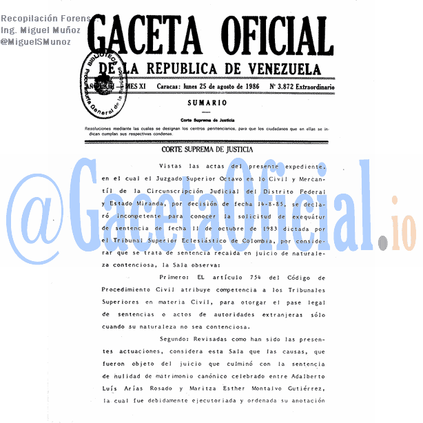 Gaceta Oficial 3872 del 25 Agosto 1986