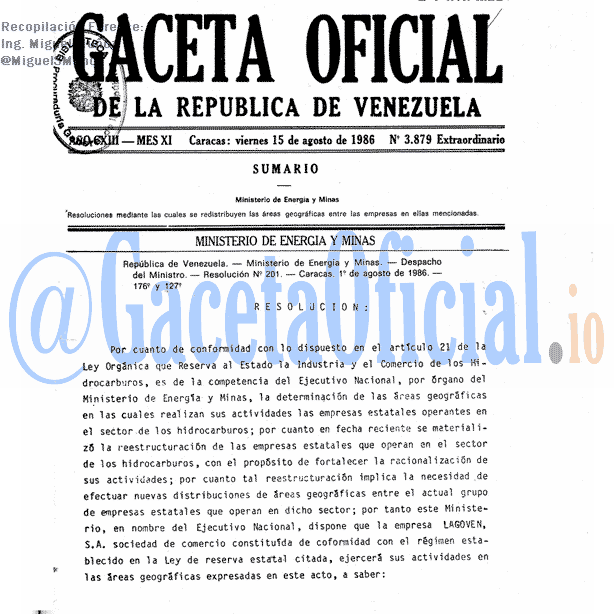 Gaceta Oficial 3879 del 15 Agosto 1986