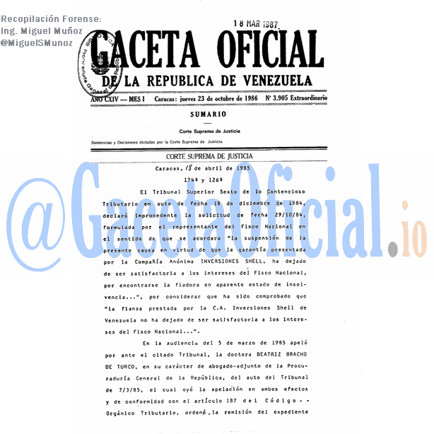 Gaceta Oficial 3905 del 23 Octubre 1986