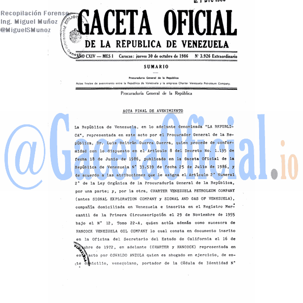 Gaceta Oficial 3926 del 30 Octubre 1986