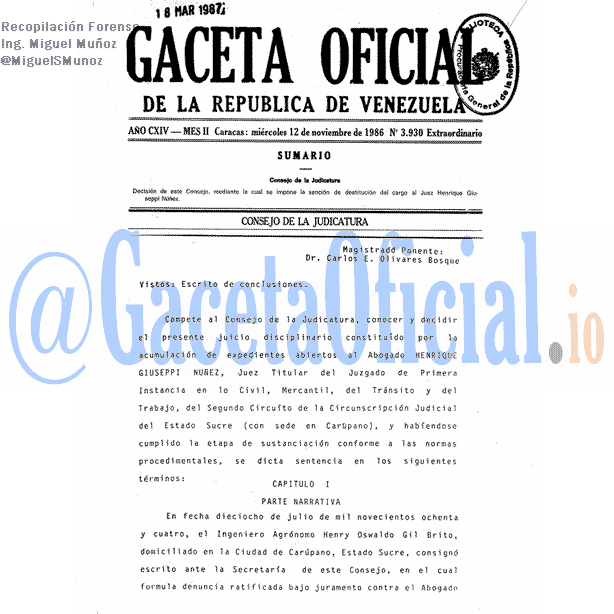 Gaceta Oficial 3930 del 12 Noviembre 1986