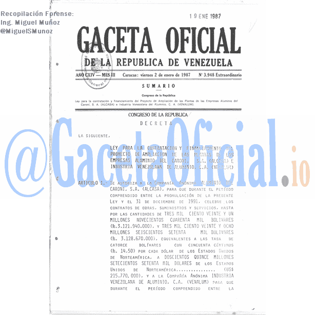 Gaceta Oficial 3948 del 2 Enero 1987