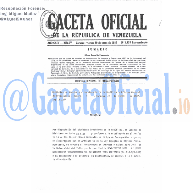 Gaceta Oficial 3955 del 30 Enero 1987