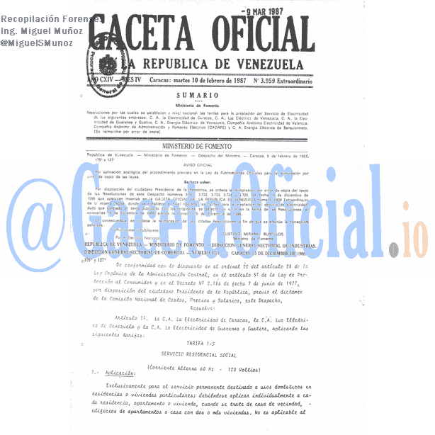 Gaceta Oficial 3959 del 10 Febrero 1987