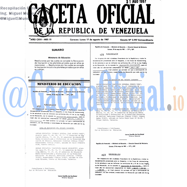 Gaceta Oficial 3997 del 17 Agosto 1987