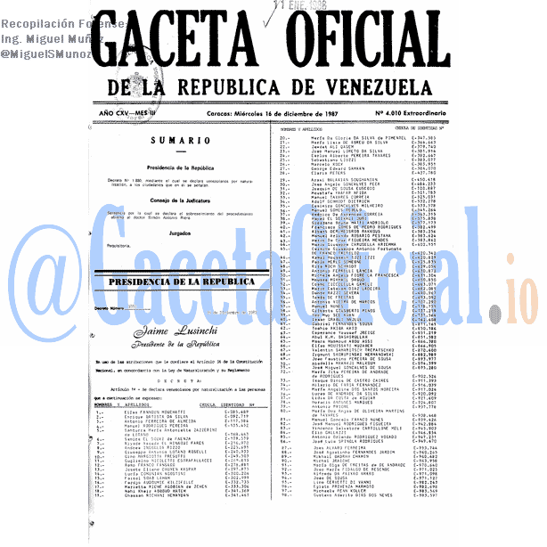 Gaceta Oficial 4010 del 16 Diciembre 1987