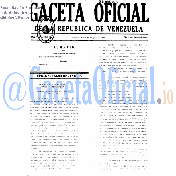 Gaceta Oficial 4038 del 18 Julio 1988