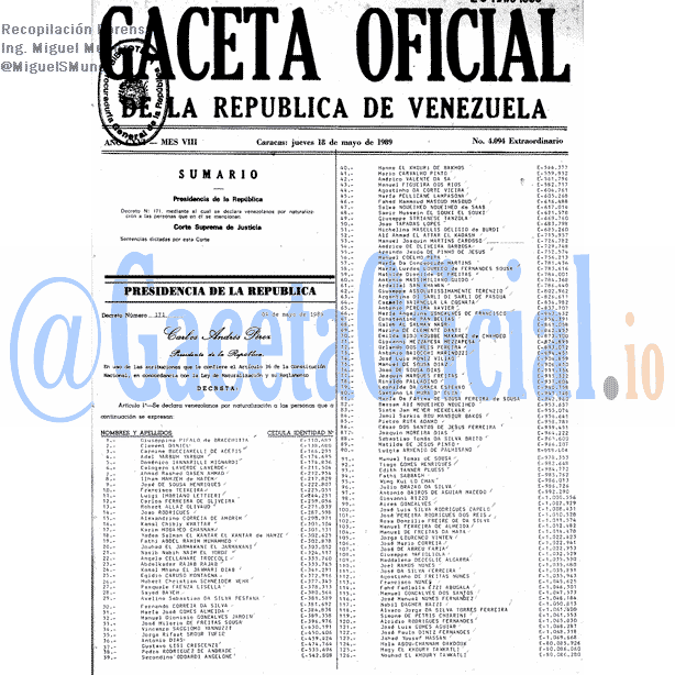 Gaceta Oficial 4094 del 18 Mayo 1989