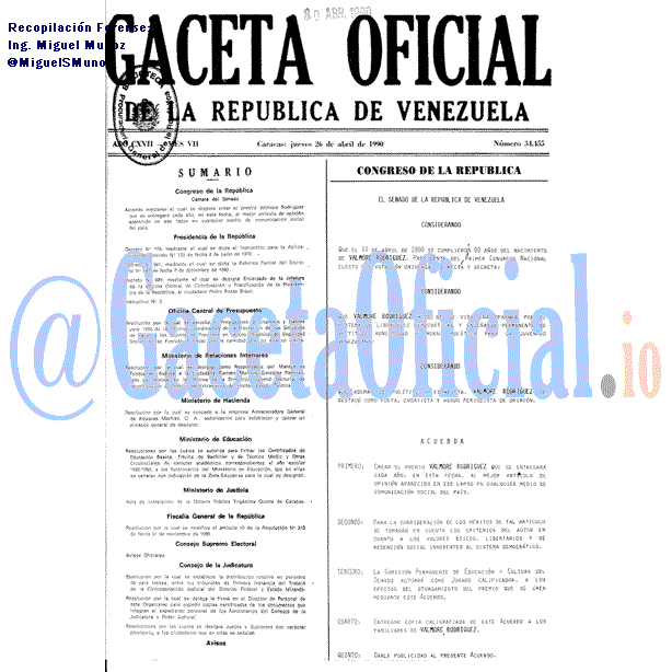 Gaceta Oficial 34455 del 26 Abril 1990