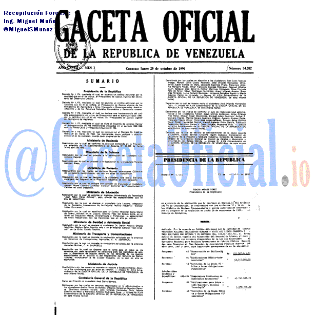 Gaceta Oficial 34582 del 29 Octubre 1990