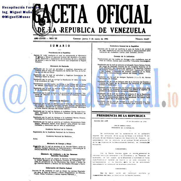Gaceta Oficial 34627 del 3 Enero 1991