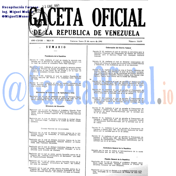 Gaceta Oficial 34639 del 21 Enero 1991