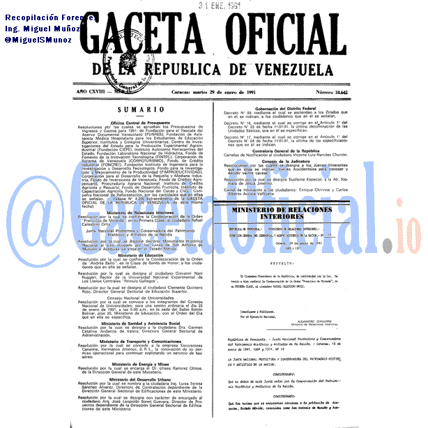 Gaceta Oficial 34645 del 29 Enero 1991