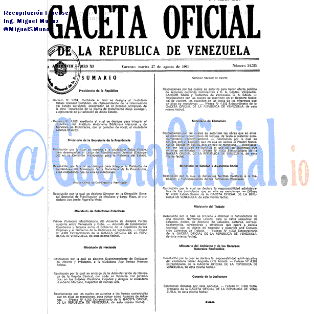 Gaceta Oficial 34785 del 27 Agosto 1991