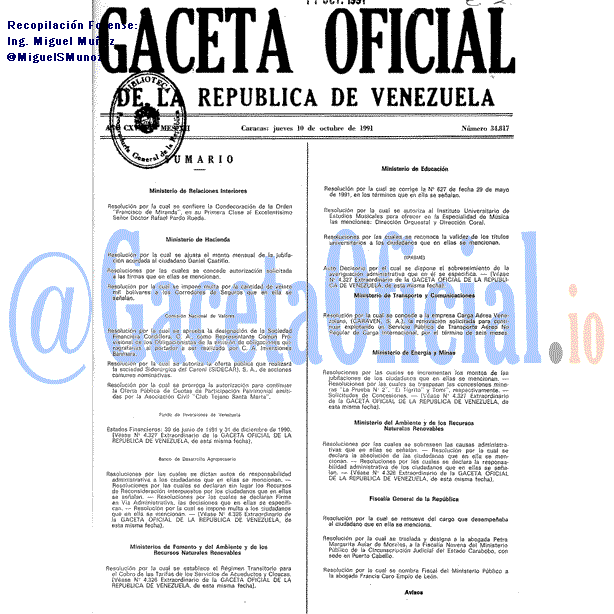Gaceta Oficial 34817 del 10 Octubre 1991