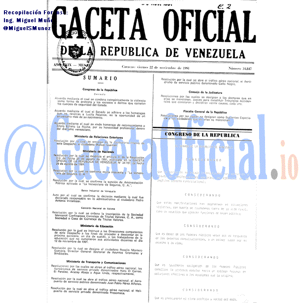 Gaceta Oficial 34847 del 22 Noviembre 1991