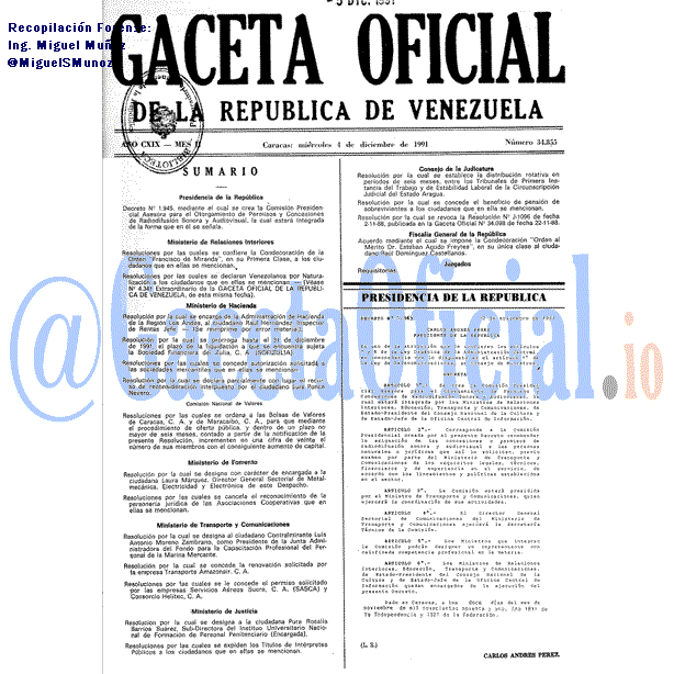 Gaceta Oficial 34855 del 4 Diciembre 1991